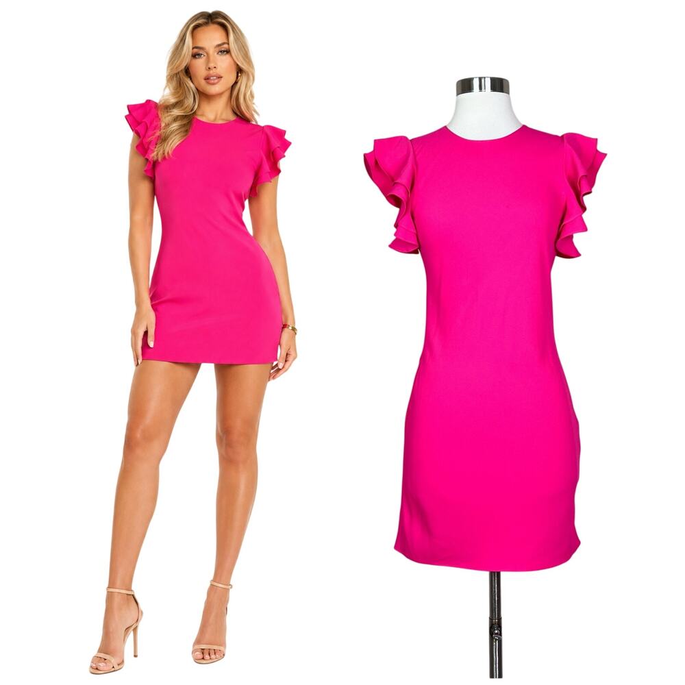 Amanda Uprichard | Hot Pink Ruffle Sleeve Sheath Cocktail Party Mini Dress XS